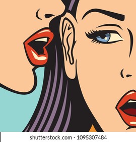 vector illustration of beautiful woman whispering secret to her friend 