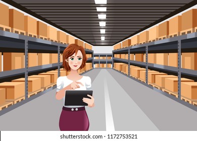 A vector illustration of Beautiful Woman Working in a Warehouse Using Tablet PC