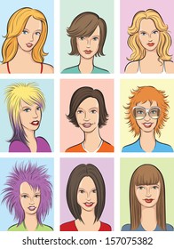 Vector illustration of beautiful women faces. Easy-edit layered vector EPS10 file scalable to any size without quality loss. High resolution raster JPG file is included.