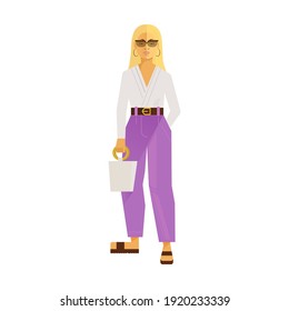 Vector Illustration of Beautiful Women in Fashion Clothes and Sunglasses with Bag. Flat concept. Trendy style. Social Media Template.