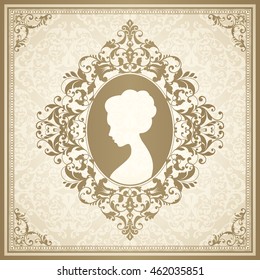 Vector Illustration Beautiful Women Silhouette In Ornamental Vignette Frame On Vintage Pattern Background In Classic Victorian Style