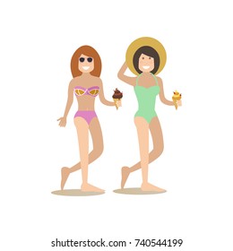 Vector illustration of beautiful women in swimsuits. Summer people concept flat style design element, icon isolated on white background.