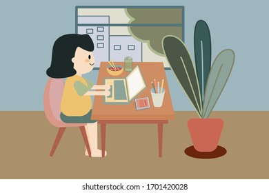 Vector illustration of beautiful women work from home sit near the window with noodles and sparkling water.  Social distancing and new normal concept. Remote working or learning at home.