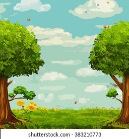 Vector illustration of  beautiful woodland scene with trees and sky
