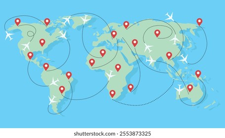 Vector illustration of a beautiful world map with airplane routes. Cartoon world map with continents, islands, red location marks, dotted airplane movements isolated on a blue background. Flight map.