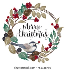  Vector illustration of a beautiful wreath with a cute bird on a branch in winter for Wedding, anniversary, birthday and party. Design for banner, poster, card, invitation and scrapbook 