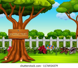 vector illustration of the beautiful yard with the board text and a lot of bush