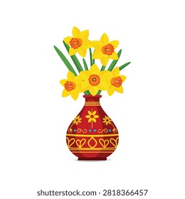 Vector illustration of beautiful yellow daffodils flowers in a traditional decorative red ceramic vase