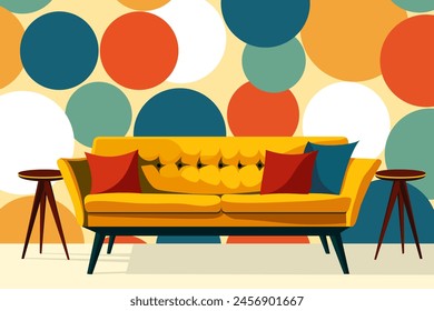 Vector illustration of a beautiful yellow sofa in a modern living room against the background of a colorful wall and wooden bedside tables along the edges. Soft yellow sofa in the room for design.