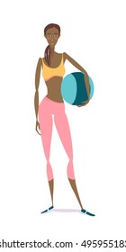 Vector illustration Beautiful young African American woman standing holding fitness ball wearing sport clothing bra and tights at gym