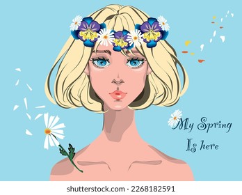 vector illustration of a beautiful young blond woman with big blue eyes, with flowers in the hair on the blue background. Spring beauty concept.