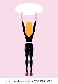 Vector illustration - a beautiful young blonde with long hair in a black latex tight jumpsuit stands with her back and holds a banner with a space for copying isolated