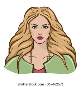 Vector illustration of a beautiful young blonde girl looking at you on a white background