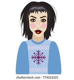 vector illustration of beautiful young brunette woman in sweater