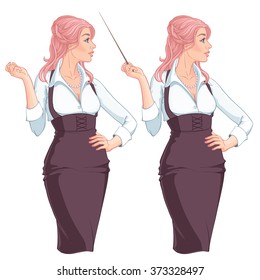Vector Illustration. Beautiful young business woman presenting something. Isolated on white background