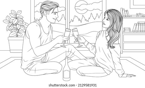 Vector illustration, a beautiful young couple, the newlyweds are sitting on the floor of the house drinking wine, champagne, coloring book