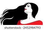 Vector illustration of beautiful young daydreaming woman with long wavy flying hair wearing red dress isolated on white background