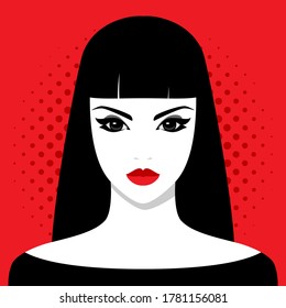 Vector illustration of the beautiful young determined woman with full red lips and long black hair wearing black dress against red spotted background