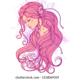 Vector illustration of a beautiful young embarrassed girl with long hair. Color illustration design for print, poster.