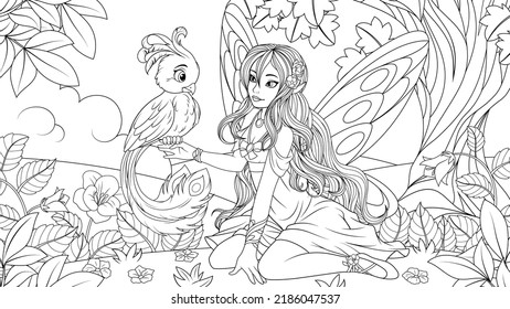 Vector illustration  beautiful young fairy sits fairy meadow and fabulous bird  book coloring 