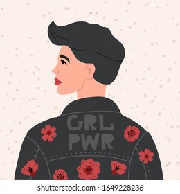 Vector illustration. Beautiful young girl with short hair. Girl power, international Women's Day. Template, banner