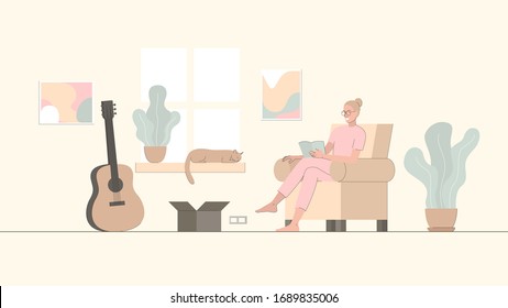 Vector illustration of a beautiful young girl reading a book in a cozy and warm atmosphere at home and enjoying to stay at home. Also can be used as a poster or slide for presentation