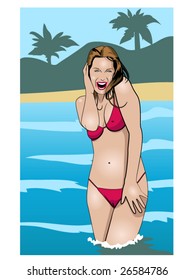 vector illustration of a beautiful young girl at the beach in a bikini