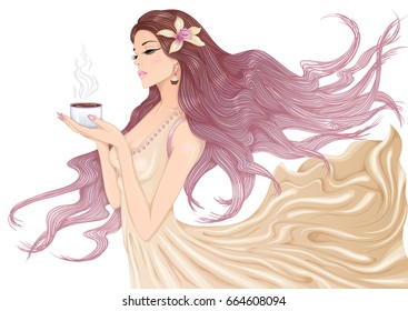 Vector illustration of a beautiful young girl with long hair in a flowing dress with a cup of hot coffee or tea in her hands. Isolated on white background.