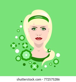 Vector illustration of a beautiful young girl on the green background with flower print