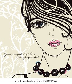 vector illustration of a beautiful young girl with bright lips on a floral background