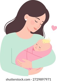 Vector illustration of a beautiful young mother gently holding her swaddled infant child. Concepts of motherhood, family, maternity, and new life.