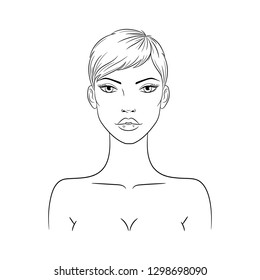 Vector illustration of a beautiful young nude woman with short haircut, isolated on white background. Fashion model sketch.