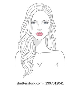Vector illustration of a beautiful young nude woman with long hair, isolated on white background. Fashion woman portrait.