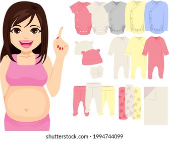 Vector illustration of a beautiful young pregnant woman recommends baby essentials clothing for newborn