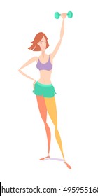 Vector illustration Beautiful young red-haired woman standing holding fitness dumbbell wearing sport clothing bra and shorts, tights at gym