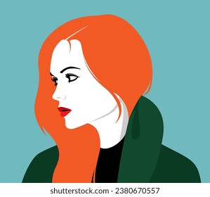Vector illustration of beautiful young redhead woman with long wavy hair and full red lips wearing green coat and black dress, profile portrait