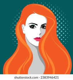 Ilustración vectorial de la bella joven pelirroja con el pelo largo ondulado, labios rosados completos y ojos negros profundos contra el fondo de la mancha oscura
