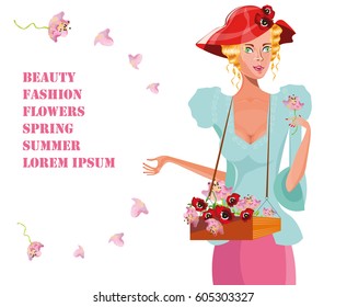 vector illustration with a beautiful young retro flower girl