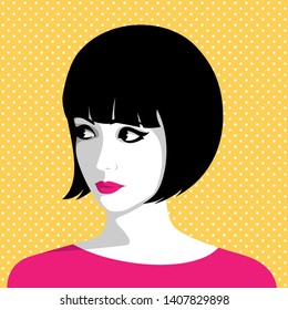 Vector illustration of the beautiful young sensitive woman aganst spotted background