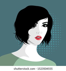 Vector illustration of the beautiful young sensitive woman aganst spotted background