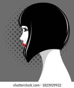 Vector illustration of beautiful young shy woman with short black mikado hair and full red lips, profile against dotted gray background