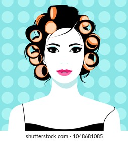 Vector illustration of beautiful young smiling woman with curlers