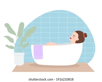 Vector illustration of a beautiful young tired girl takes a bath after a busy day. Everyday life and everyday life in a flat style. A woman relaxes in the bathroom with a Scandinavian style home plant