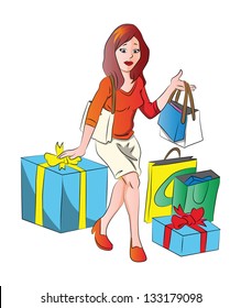 Vector illustration of beautiful young woman with giftbox and shopping bags.