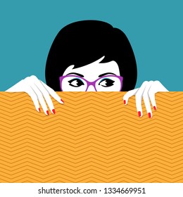 Vector illustration of beautiful young woman wearing glasses hiding behind wall a watching