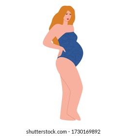 Vector illustration of a beautiful young woman in a blue swimsuit with a big belly. Cartoon drawing of a pregnant girl posing in a bikini isolated on white background.