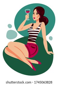 Vector illustration of beautiful young woman holding a glass of wine. Summer party girl enjoying youth and freedom,
