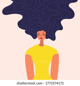 Vector illustration of a beautiful young woman with dark long curly hair. Hairstyle. Beautiful female face with closed eyes and eyelashes and full lips.