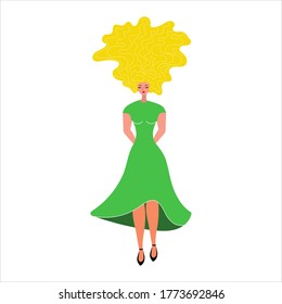 Vector illustration of a beautiful young, woman in a long green evening dress in shoes with blond long curly hair. Blonde. Hairstyle. Beautiful female face with closed eyes and eyelashes and lips