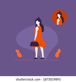 Vector illustration, a beautiful young woman wearing a red mini dress with a bag, modern flat people character 